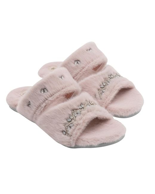 Rettrose Natural Abbie Dusky Luxury Plush Diamanté Embellished Handmade Slipper