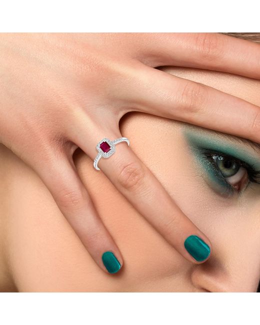Artisan Metallic Emerald-Cut Ruby & Diamond Halo Ring With Pavé Band