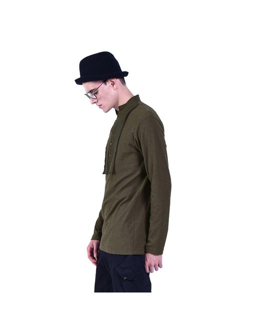 Smart and Joy Green Long-Sleeves T-Shirt With Topstitched Bib And High Collar for men
