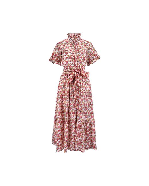Echo of Pink Pink Sofia Ruffled Neck Hand Block Print Cotton Dress
