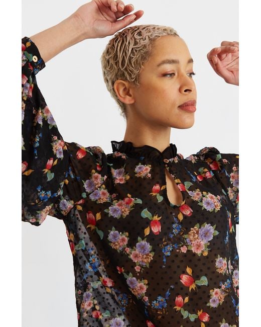 Louche Blue Masha Carpathian Florals Print Long Sleeve Blouse