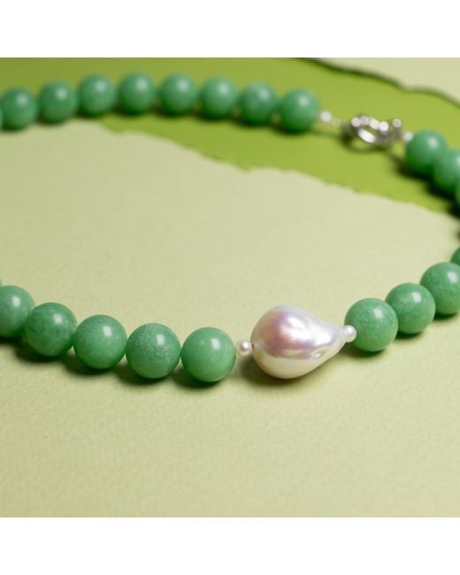 Silver Moon Green Sterling Necklace Whisper With Gemstones, Natural Seed Pearls And Baroque Pearl