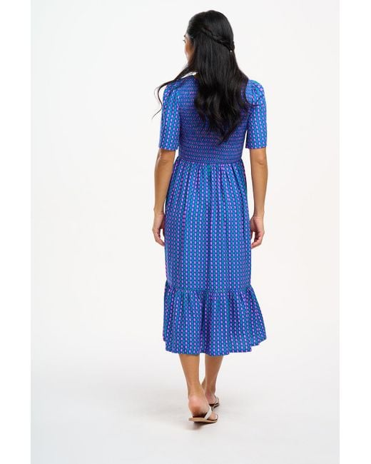 Sugarhill Blue Rumi Shirred Midi Dress , Dotted Lines