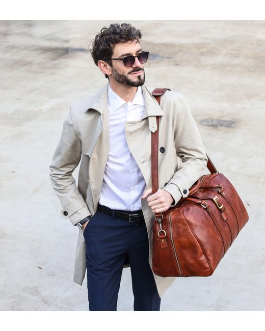Time Resistance Brown Cognac Matte Leather Duffel Bag For for men