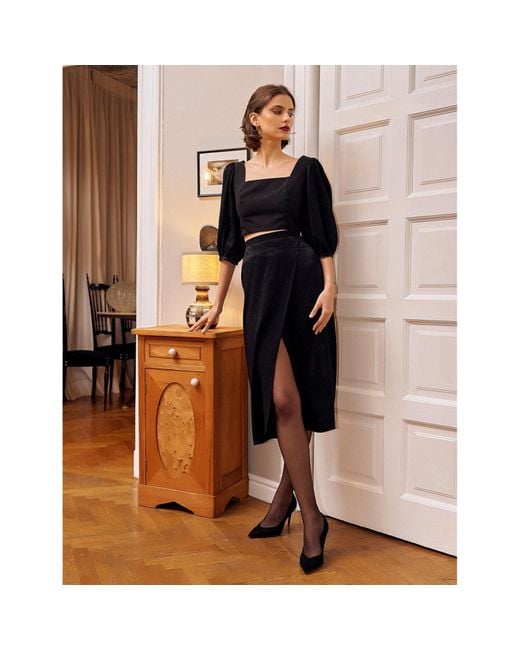 Noria Anis Black Moonlight Viscose Jacquard Midi Skirt