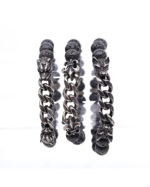 Shar Oke Black Stainless Steel Panther & Natural Lava Beaded Bracelet for men