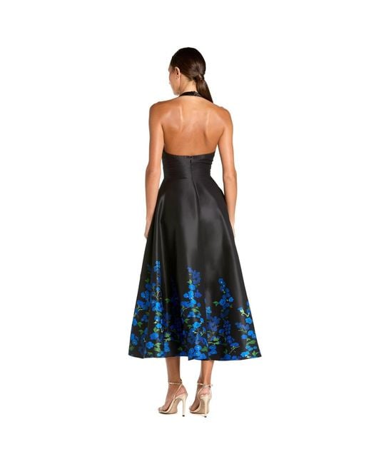 Mac Duggal Blue Halter Neck Floral Printed Satin Midi Dress
