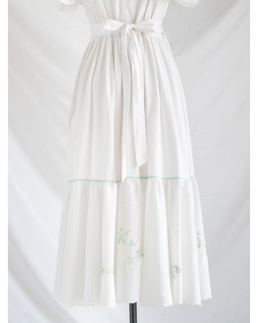 Sugar Cream Vintage White Re-design Upcycled Hand Embroidered Green Border Maxi Dress