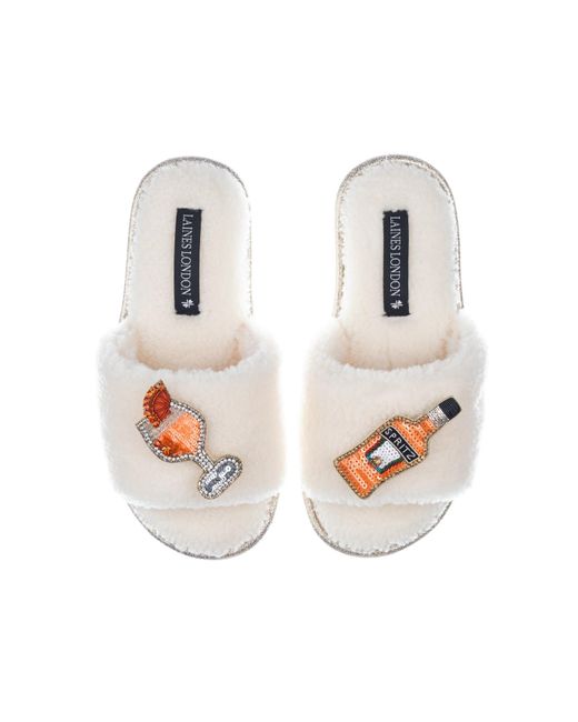 Laines London White Teddy Towelling Slipper Sliders With Summer Spritz Brooches