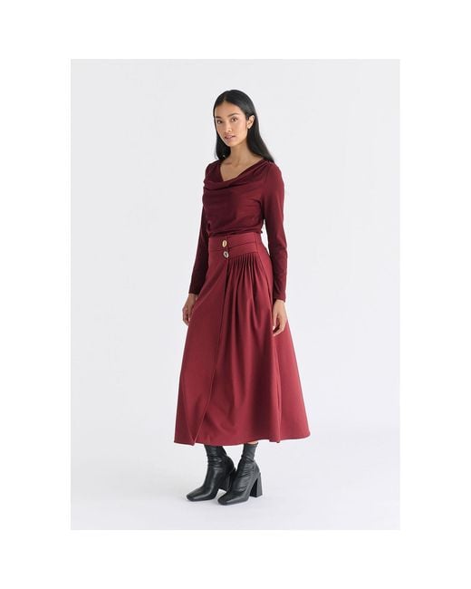 Paisie Red Wrap Midi Skirt With Pleated Detail