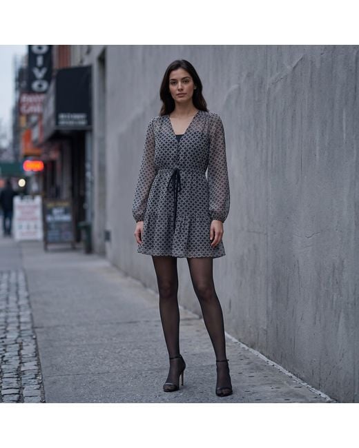 Modenaire Gray Polka Dot Embroidered Lace Dress With V-Neck & Tie Waist