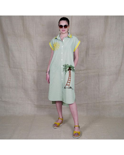 Lalipop Design Green Pinstripe Cotton Shirtdress With Sun & Palm Tree Embroidery