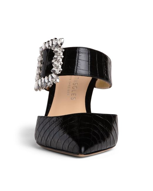 Beautiisoles by Robyn Shreiber Made in Italy Black Georgina Croc Leather Mule Sexy & Dressy Comfortable For Valentine Evening & Party With Rhinestones