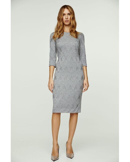 Conquista Gray 3/4 Sleeve Jacquard Fitted Dress
