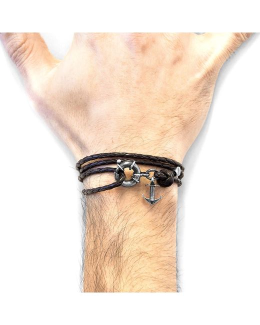 Anchor and Crew Brown Dark Clyde Anchor & Braided Leather Bracelet for men
