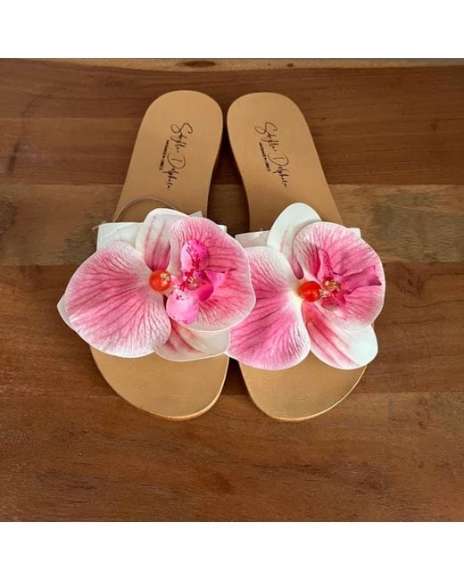 Sibylla Delphica Pink Calanthe Flat Leather Sandals