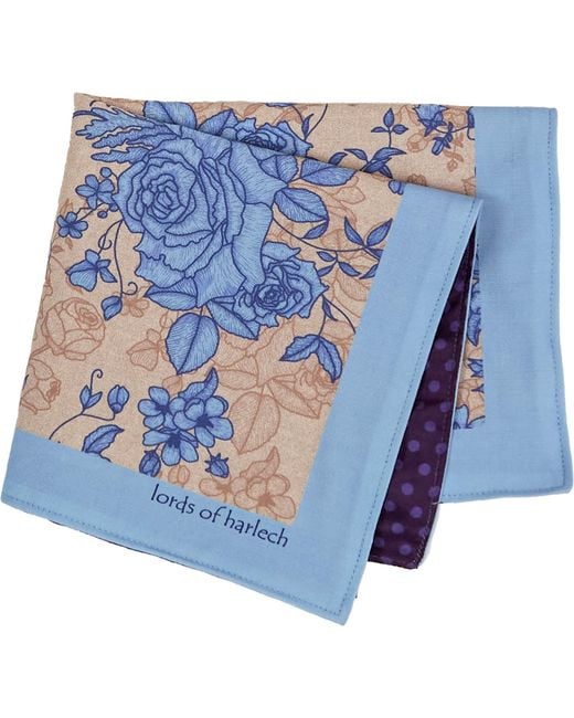 Lords of Harlech Blue Neutrals Hudson Roma Floral Merino Handkerchief Pocket Square for men
