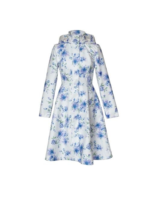 RainSisters Blue Knee Length Coat With Flower Print: Floral