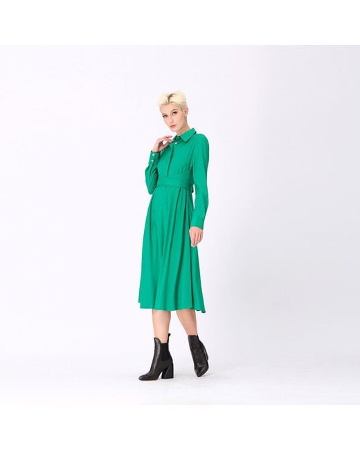 Smart and Joy Green Fit-And-Flare Tailor Shirt-Dress Crossedf Belt