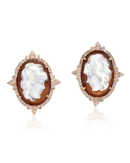 Artisan Brown Rose Shall Cameo Diamond Halo Stud Earrings