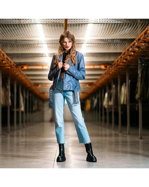 Freaky Nation Blue Leather Biker Jacket Graphite