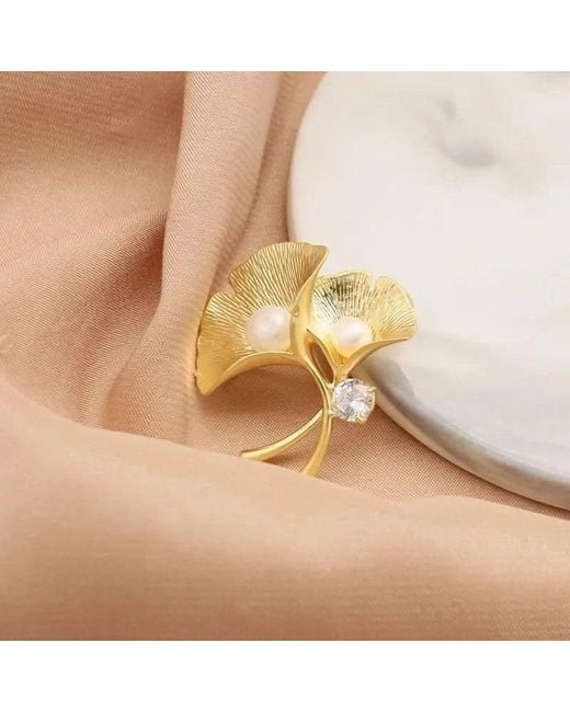 Angel Barocco Metallic Natural Freshwater Pearl Ginkgo Leaf Brooch