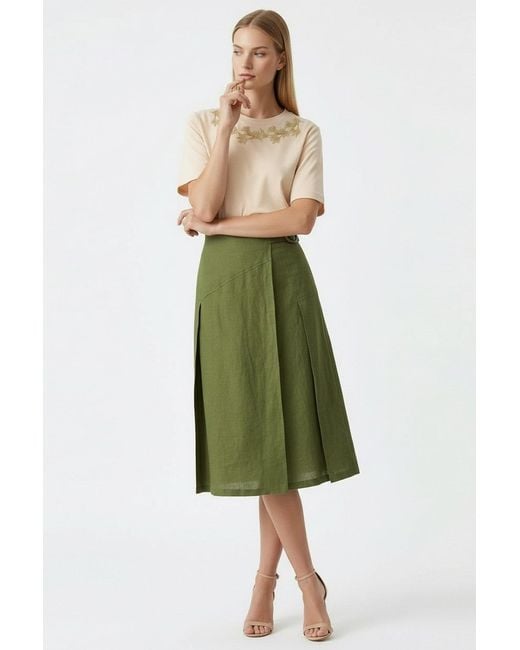 Exquise Green Burnice Buckle Detail Linen Midi Skirt