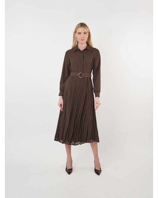 John Abgin Brown Chiffon Belted Pleated Midi Shirt Dress