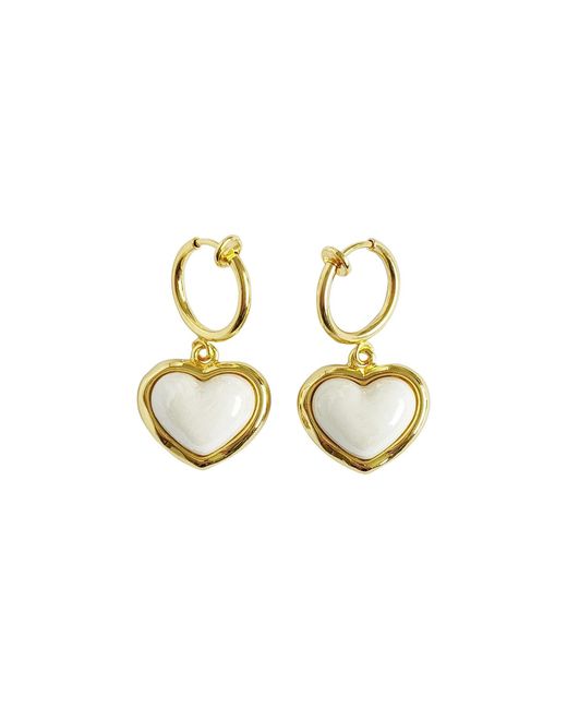 POPORCELAIN Metallic Porcelain Pearly Heart Clip-On Hoop Earrings
