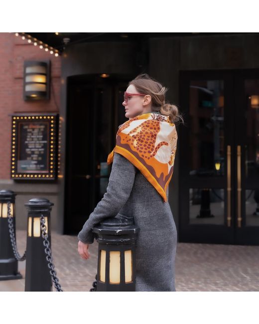 Jessie Zhao New York Brown Double Sided Silk Scarf Of Leopards With Floral Fountain