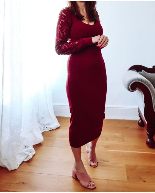 Sophie Cameron Davies Red Burgundy Lace Sleeve Jersey Midi Dress