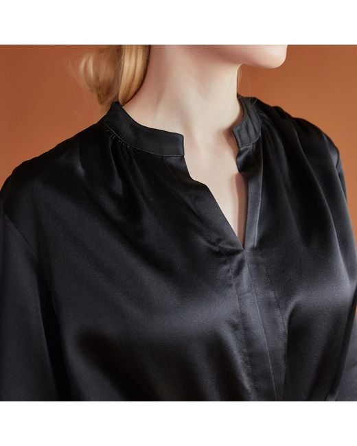 Soft Strokes Silk Black Pure Silk Long Sleeve Y-Neck Blouse