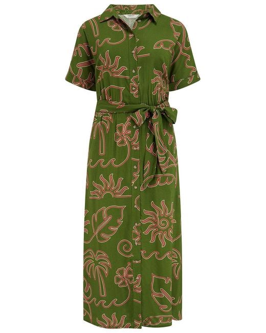 Sugarhill Green Leigh Midi Shirt Dress Khaki, Tropical Line Drawing