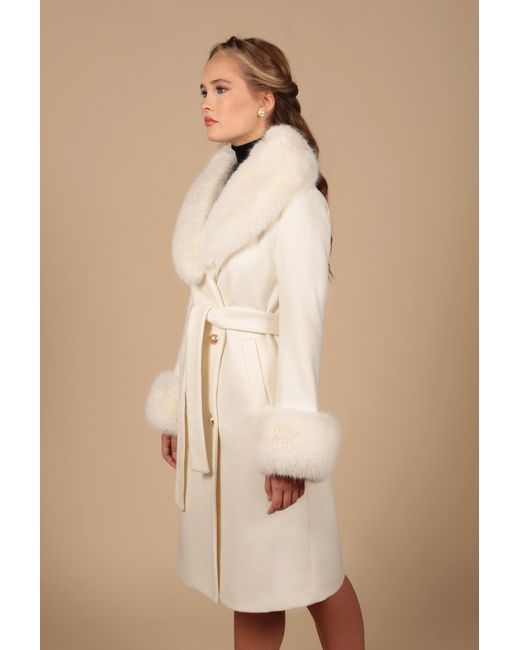 Santinni Natural 'marlene' 100% Cashmere & Wool Coat With Faux Fur In