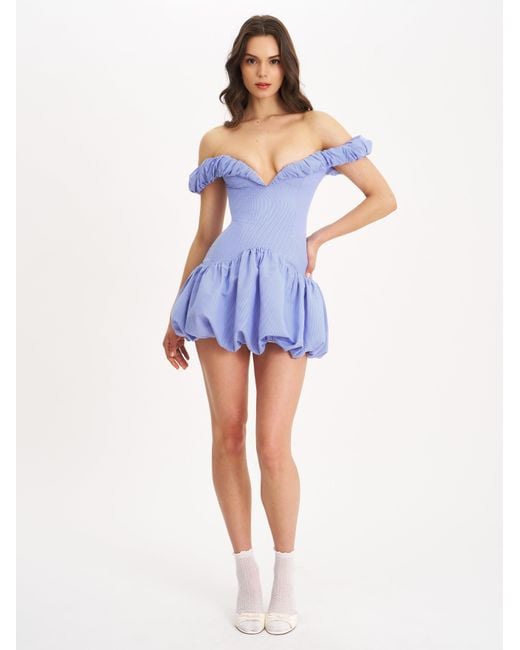 Miss Circle New York Blue Sablee Checkered Puffy Off Shoulder Trim Bubble Hem Mini Dress
