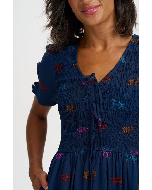 Sugarhill Blue Lacy Shirred Midi Dress Petrol Tiger