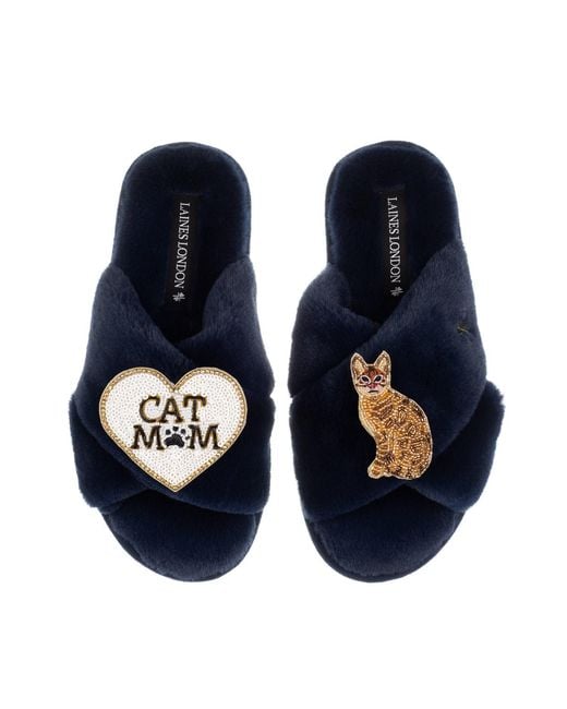 Laines London Blue Classic Laines Slippers With Cat Mum/Mom & Bengal Cat Brooches