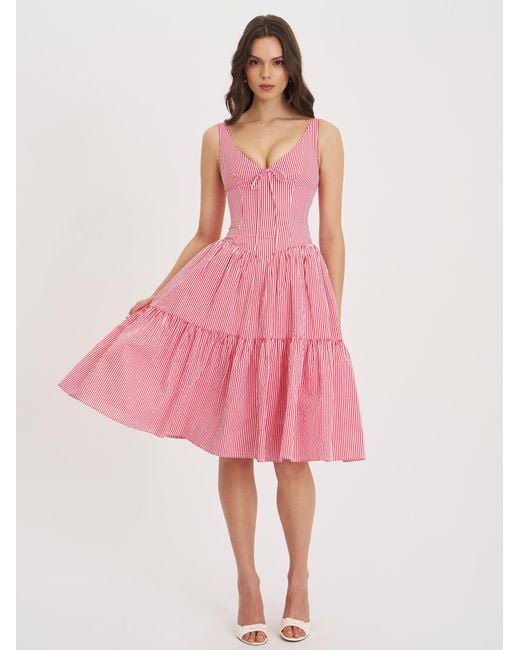 Miss Circle New York Pink Oceana Candy Stripe Drop Waist Midi Dress