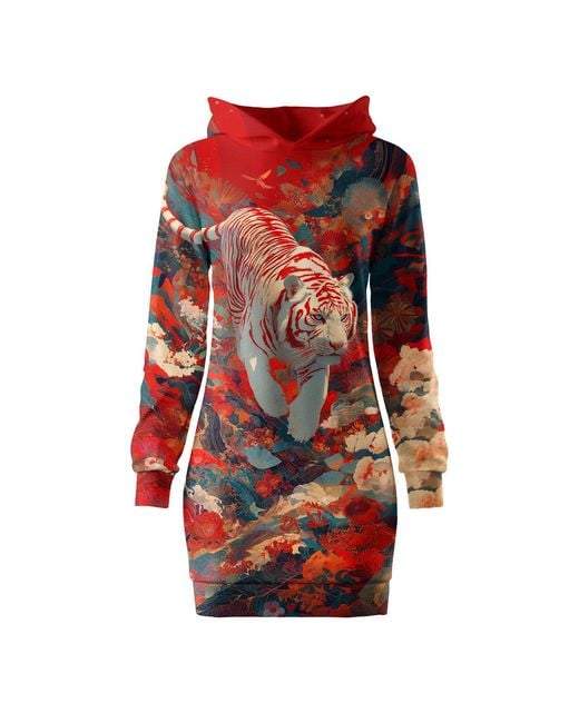 Aloha From Deer Red Asian Tiger Oversize Hoodie Dress