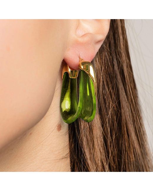 Gold & Honey Green Peridot Sculpted U Lucite Birthstone Hoop Earrings