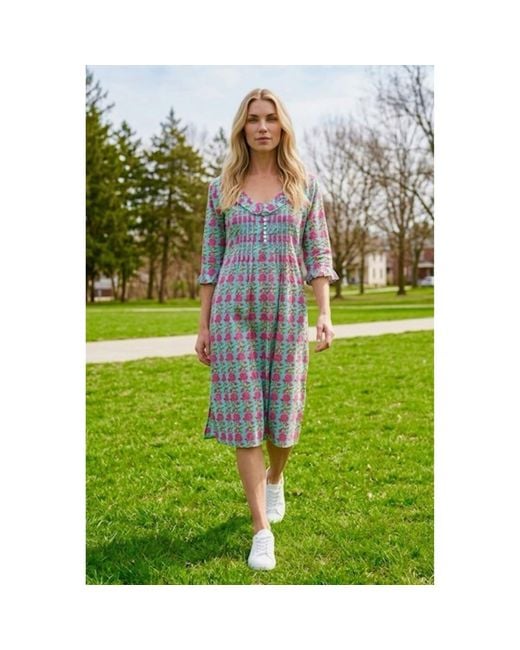 At Last Blue Cotton Karen 3/4 Sleeve Day Dress