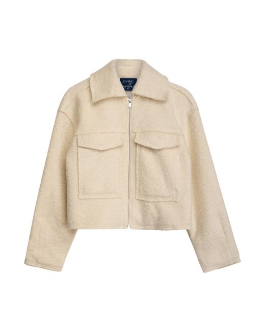 Tantra Spain Sl Natural Neutrals Short Fur Bomber Jacket With Polo-Style Collar, Pockets And Zipper Ecru