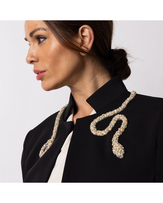 House of Laines London Black Laines Couture Tailored Cape With Embellished Crystal & Pearl Wrap Around Snake