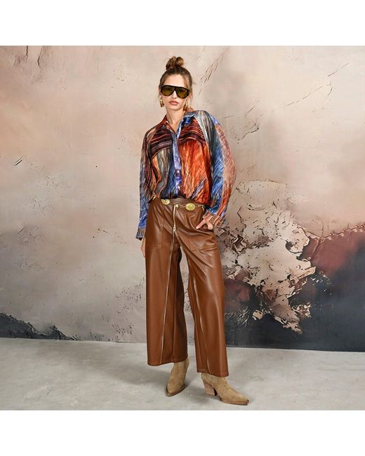 Lalipop Design Brown Wide-Leg Vegan Leather Pants With Front Zipper Detail