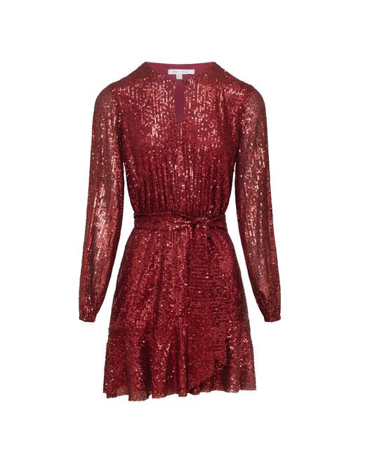 Urban Touch Red Sequin Skater Dress With Long Sleeve Burgundy