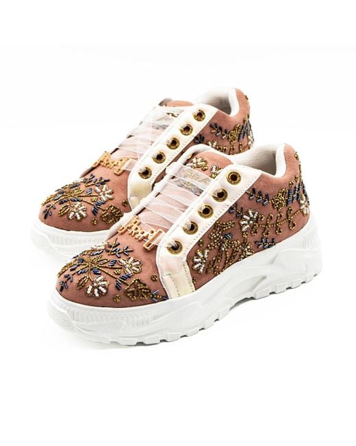 Rettrose Brown Diana Luxury Suede Handmade Embellished Trainers