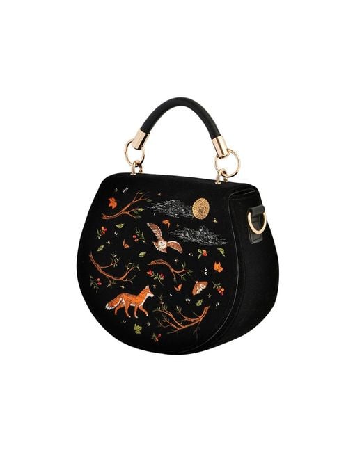 Fable England Black Fox & Owl Embroidered Top Handle Saddle Bag