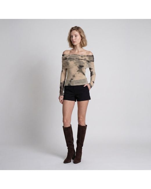 Modenaire Green Off Shoulder Mesh Top With Tie Dye Print And Fitted Silhouette
