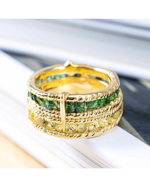 German Kabirski Metallic Tyra Handcrafted Plated Barrel Ring With Raw Sapphire And Chrome Diopside