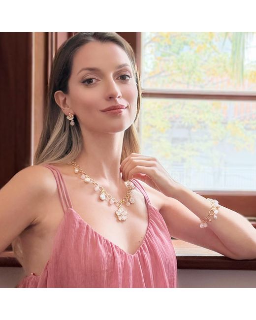 Farra Metallic Rose Quartz Flower Pendant With Pearls Chain Necklace
